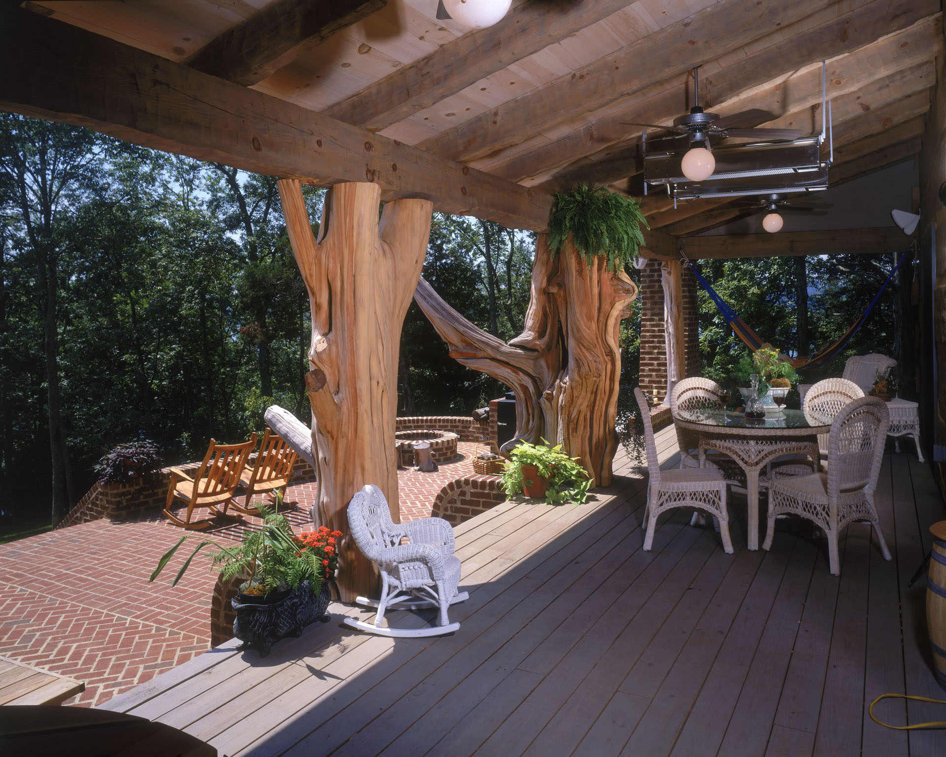 Great room with Rumford fireplace of dry-stacked crab-orchard stone