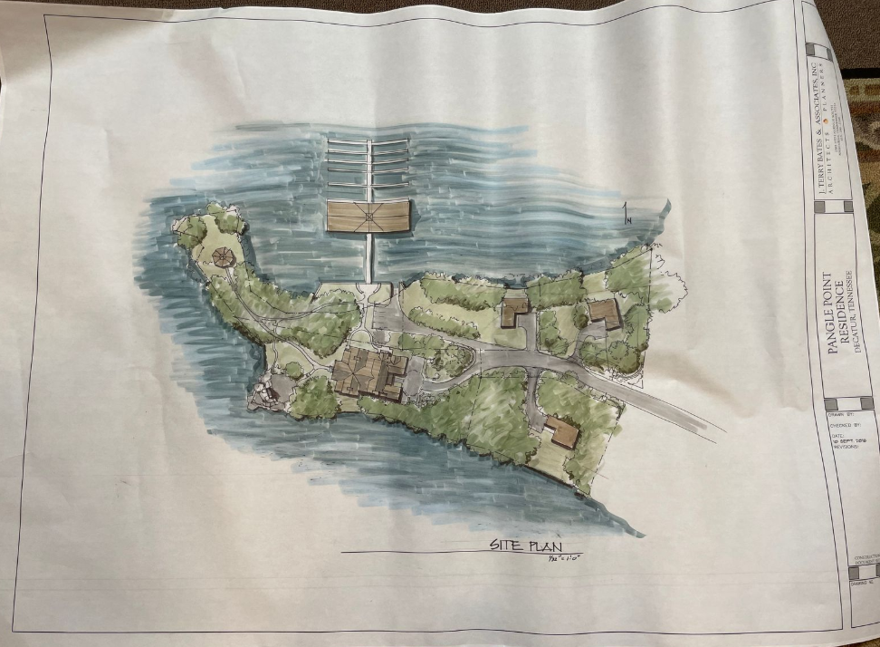 Pangle Point site plan — watercolor rendering by J. Terry Bates & Associates showing the main residence, guest structures, dock, and shoreline on Douglas Lake.