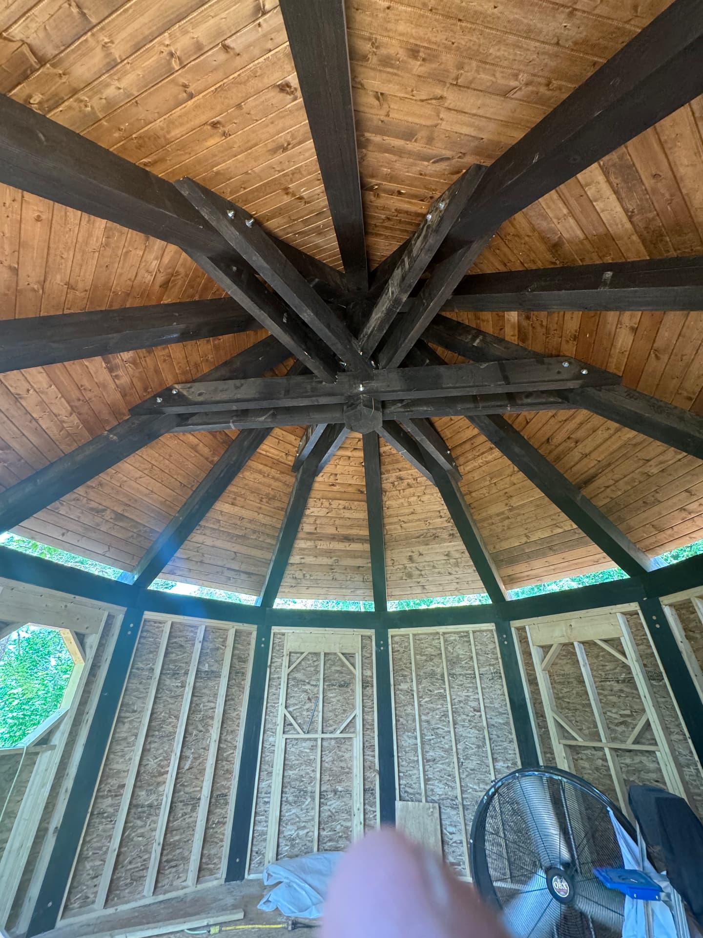 Hub-and-spoke timber rafter ceiling of the Elven Treehouse, complete in the round