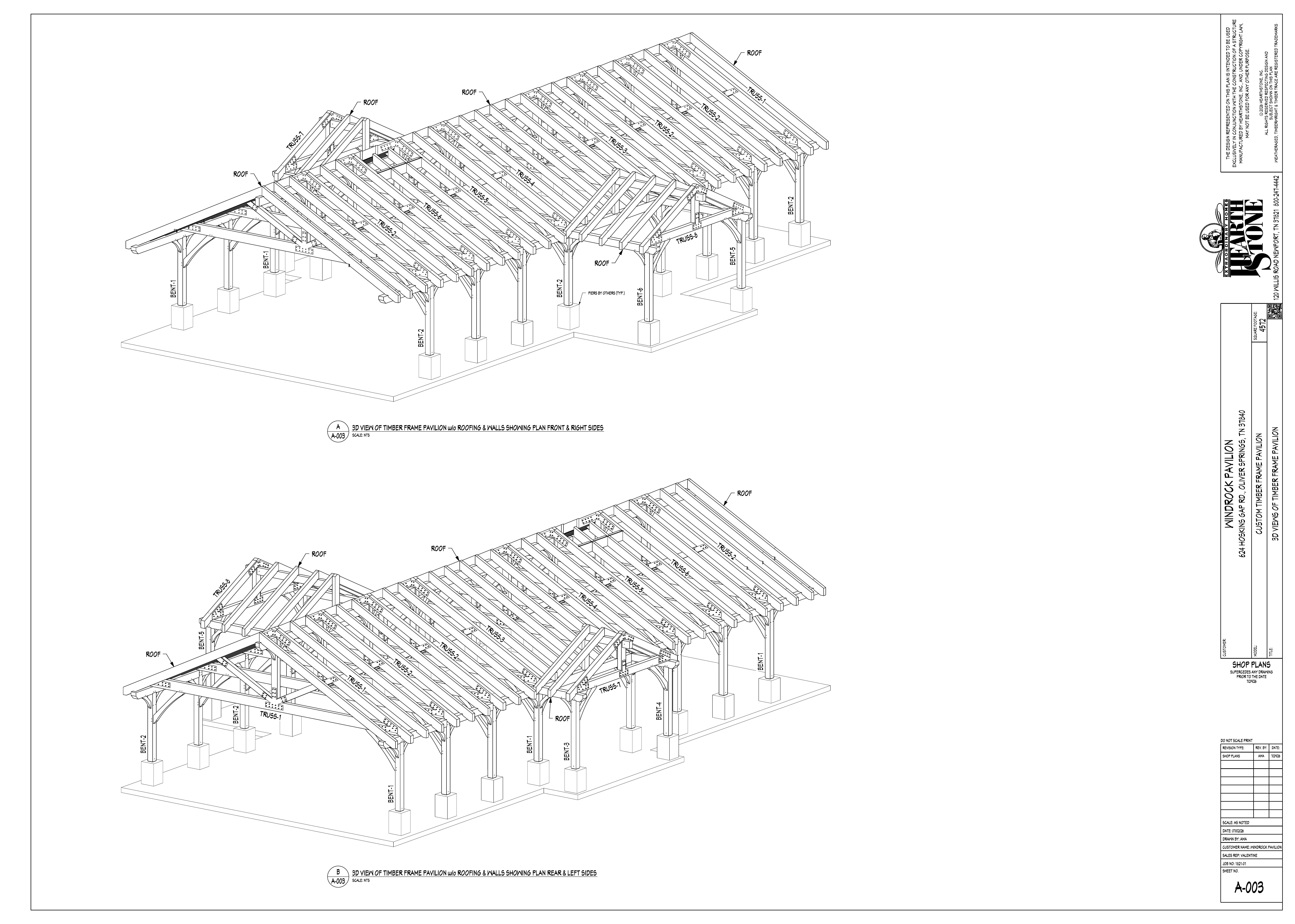 Windrock Park pavilion — 3D views of the timber frame with roofing and walls removed, showing bents, trusses, and roof framing