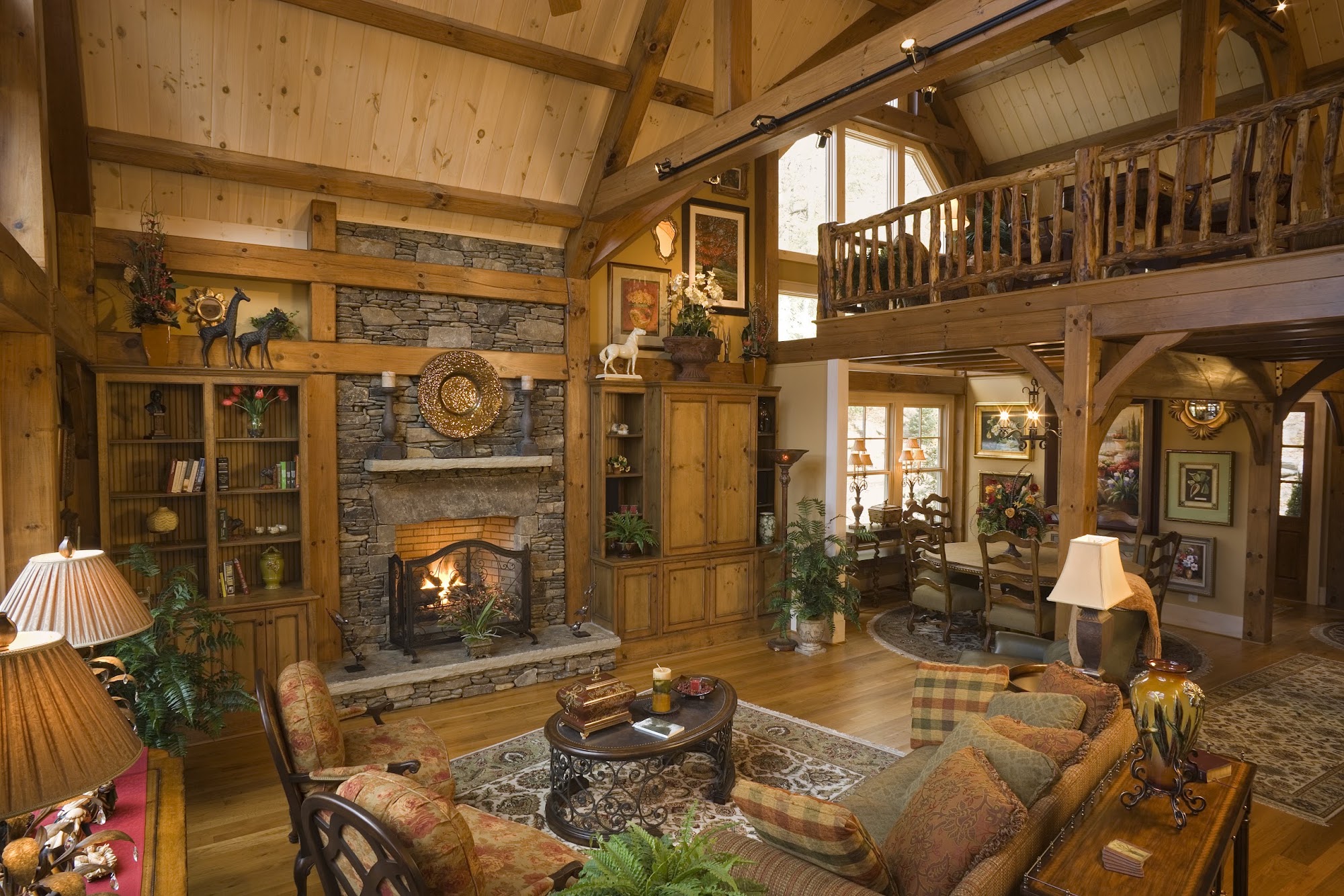 Timber frame great room with heavy oak trusses