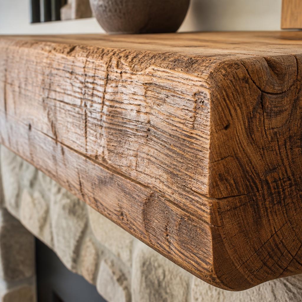 A hand-hewn mantel — grain, adze, and time.