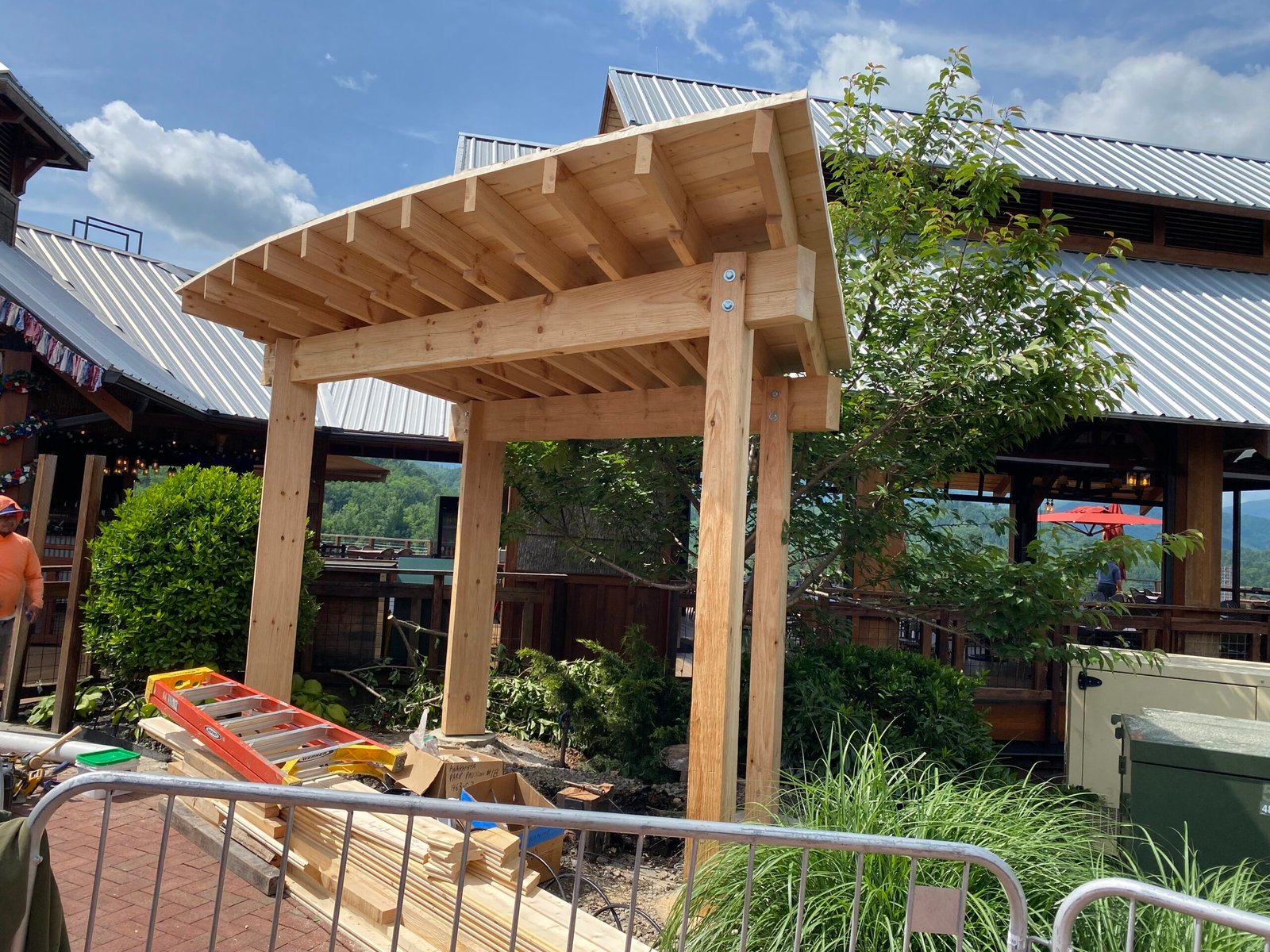Timber pavilion with cathedral trusses