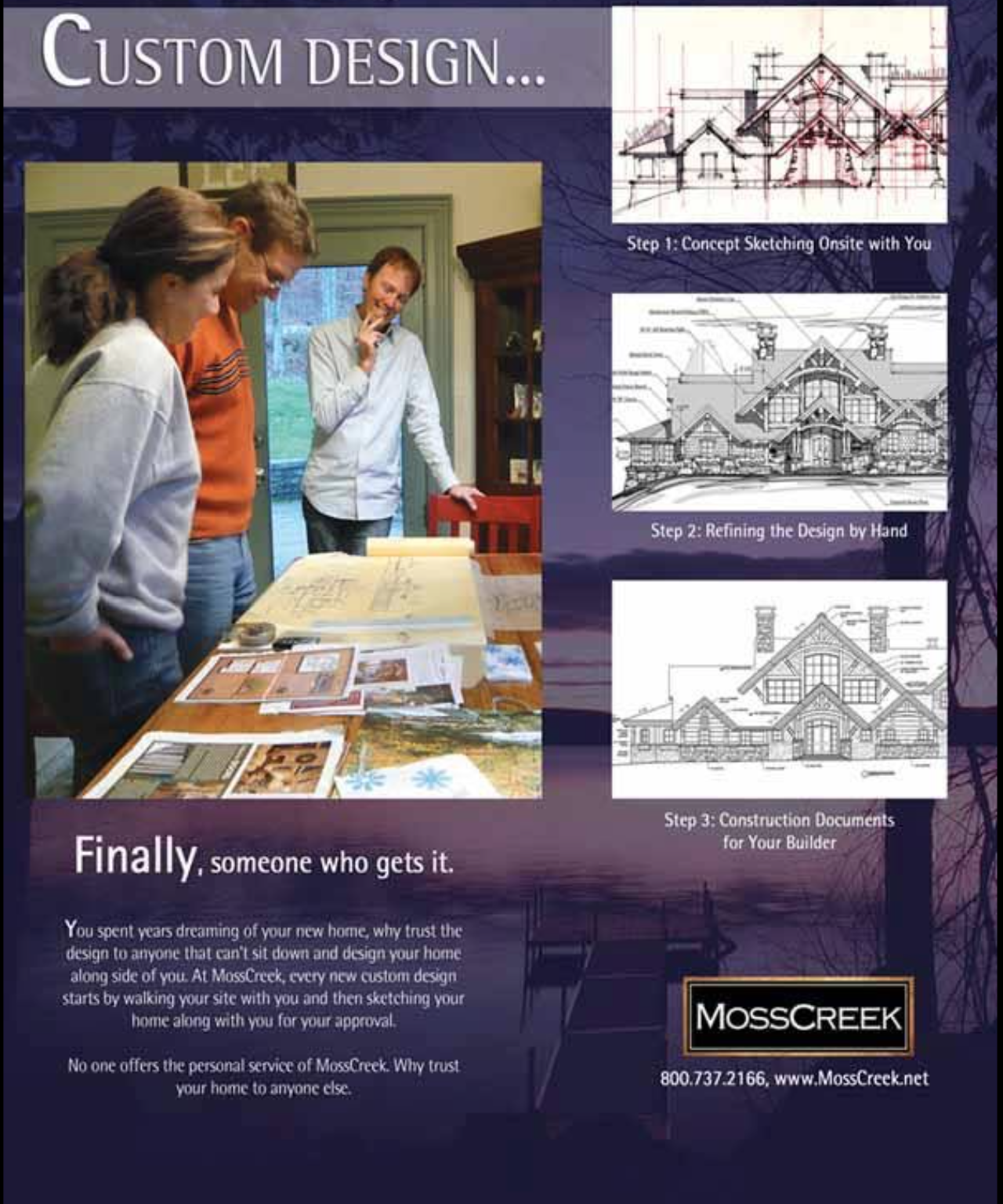 MossCreek custom design process — concept sketching, hand refinement, and construction documents
