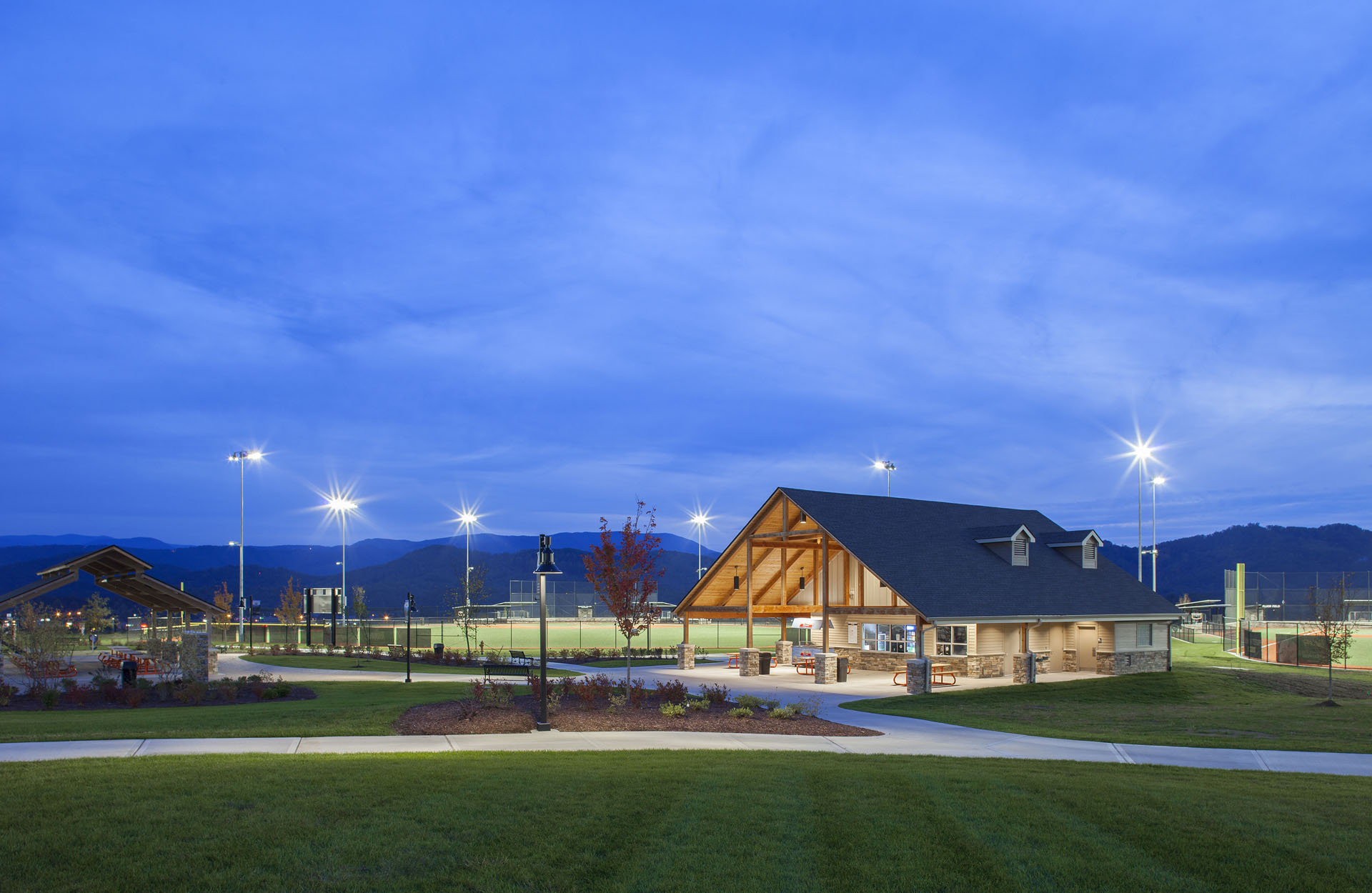The Ripken Experience — heavy timber pavilions and clubhouses at the flagship youth-baseball complex