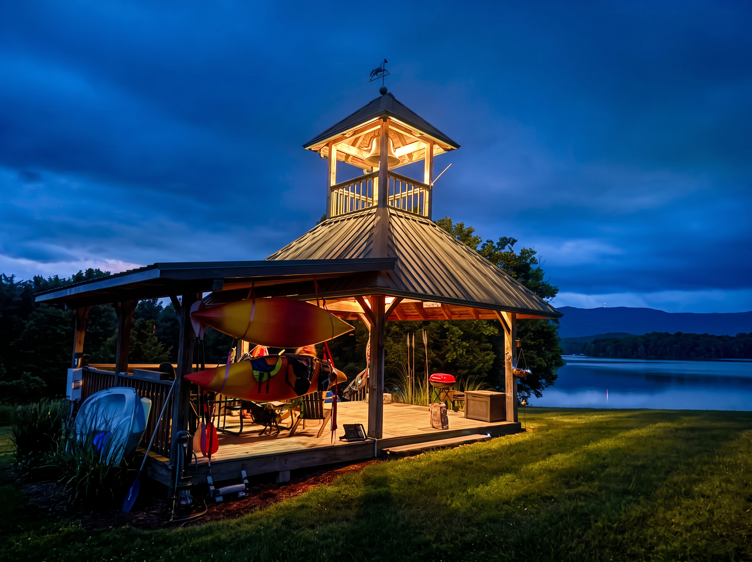 Lakeside timber gazebo with lighted bell tower at dusk, lake and mountain ridge beyond