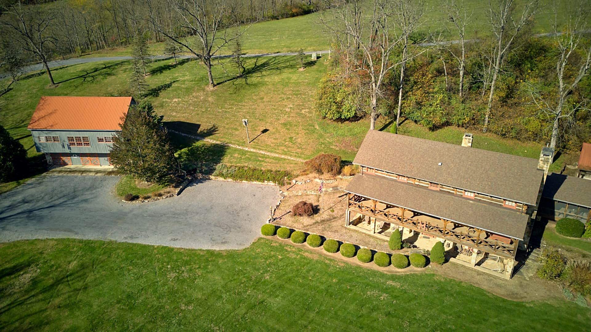 Top-down over the house and stone walkways