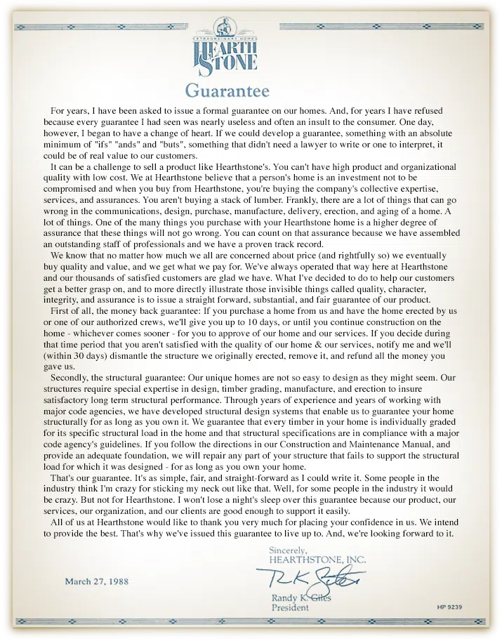 The Hearthstone Guarantee — original signed 1988 letter from Randy K. Giles