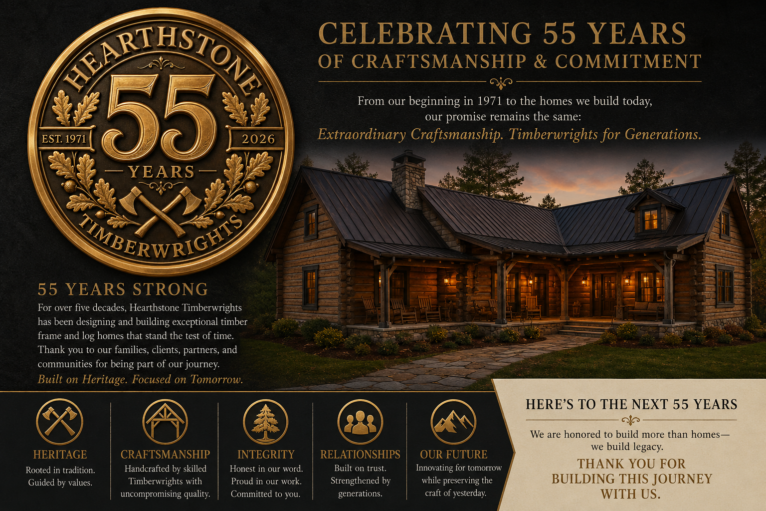 Celebrating 55 years of craftsmanship & commitment — Hearthstone Timberwrights, 1971–2026. Heritage. Craftsmanship. Integrity. Relationships. Our Future.