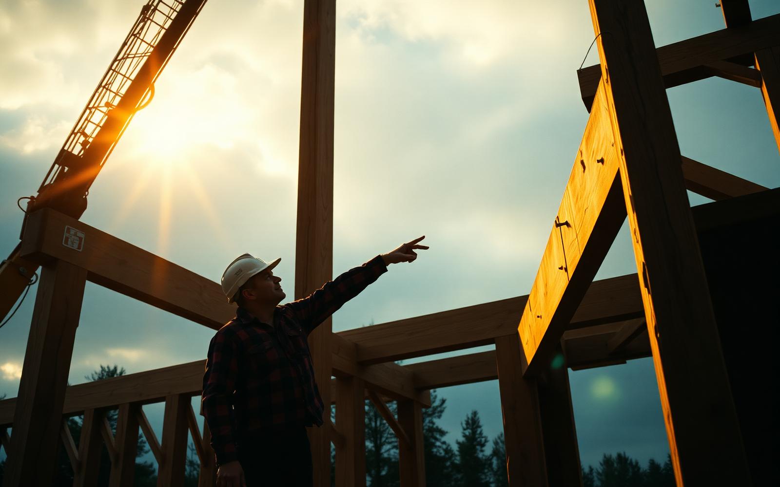 Builder and Hearthstone raising crew coordinating a heavy timber frame raise at golden hour