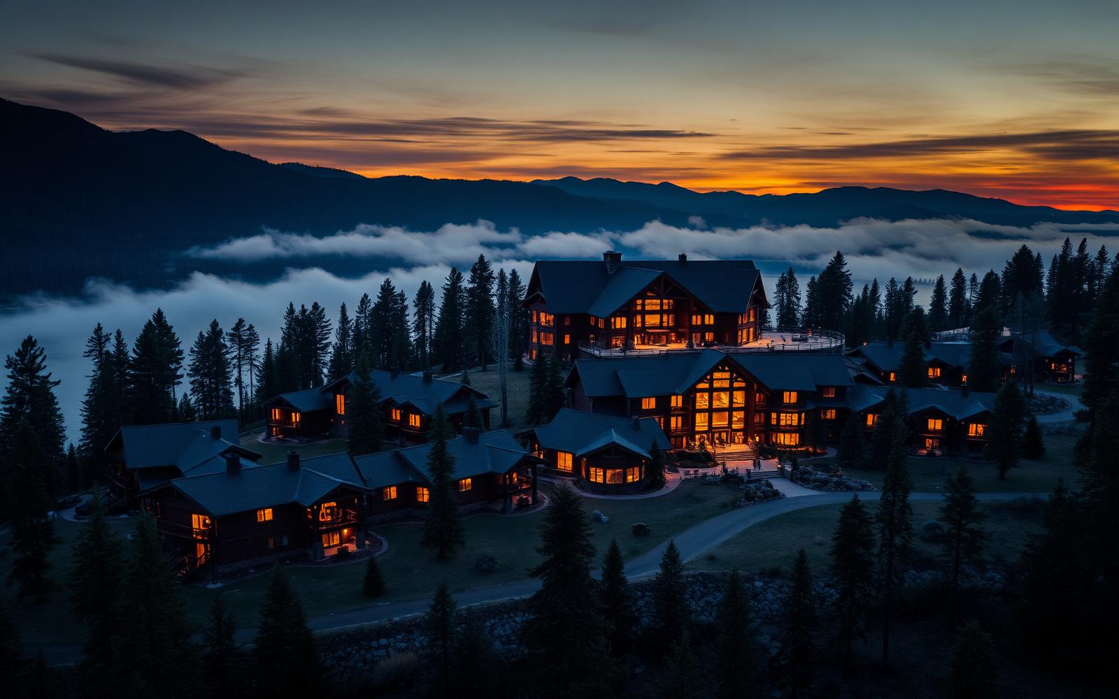 Aerial view of a luxury mountain resort development at dusk with a grand timber lodge and surrounding log cabins