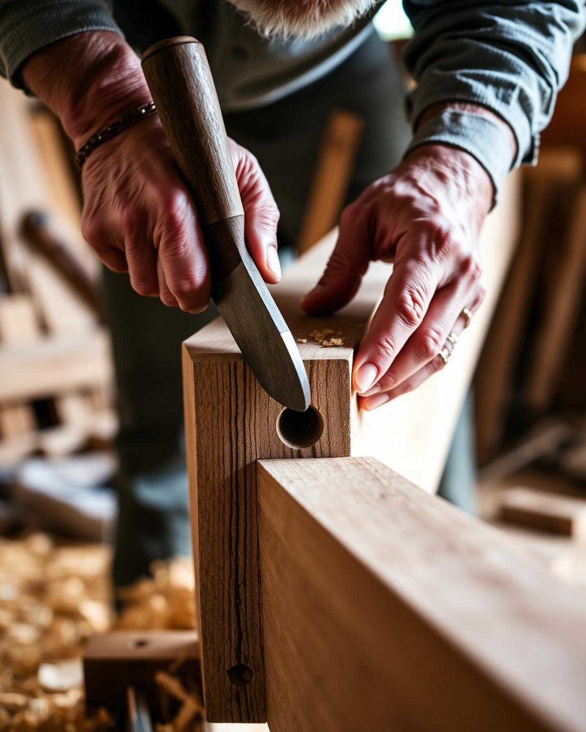 Macro detail of hand-hewn dovetail joinery in dark heavy timber