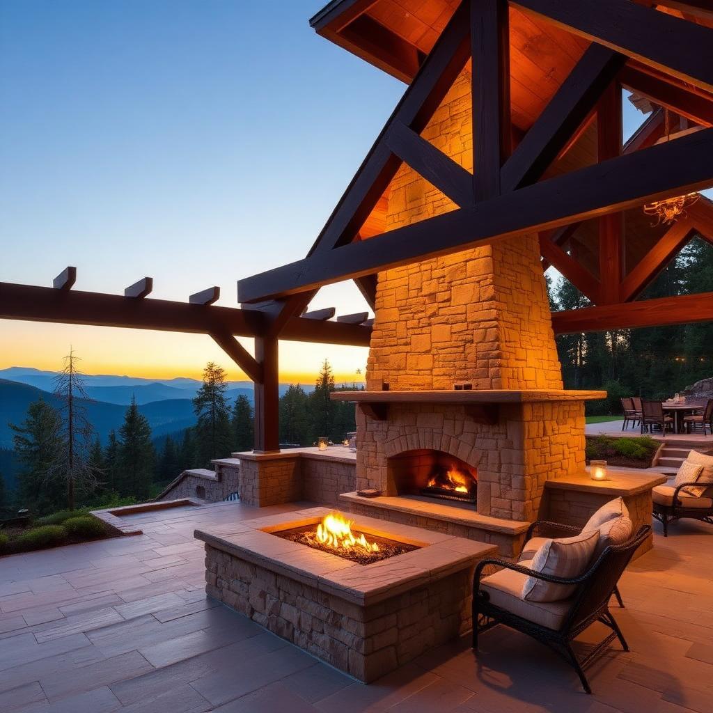 Outdoor stone fireplace beneath timber frame