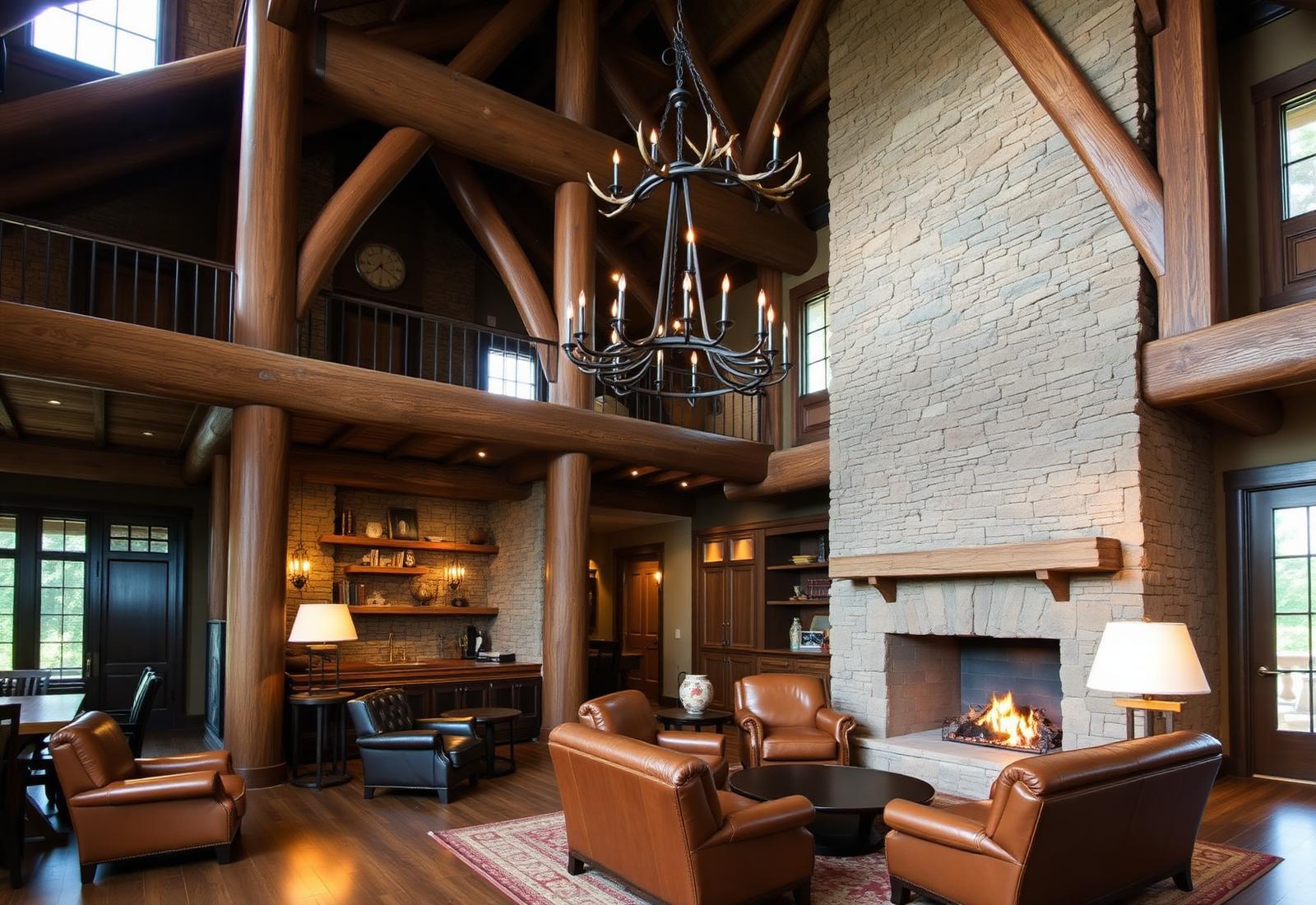 Timber-frame great room interior