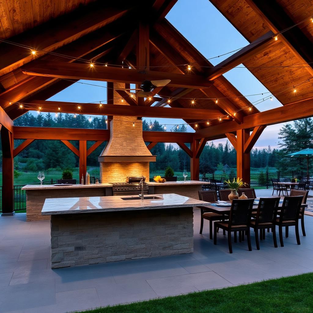 Outdoor kitchen and dining pavilion with string lights