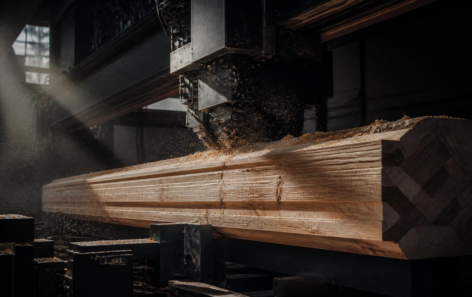 Hundegger CNC processing a mass-timber glulam in the Dandridge mill