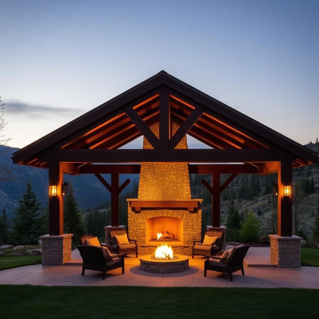 Timber pavilion with stone fireplace at twilight