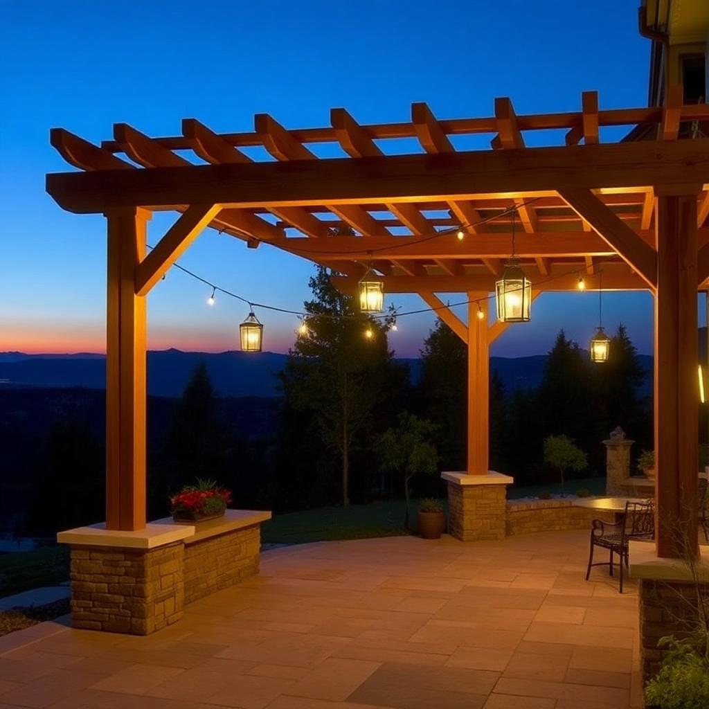 Timber pergola with hanging lanterns at dusk