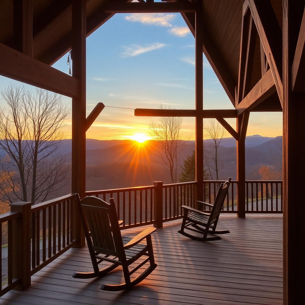 Covered porch overlooking the Smokies at sunset